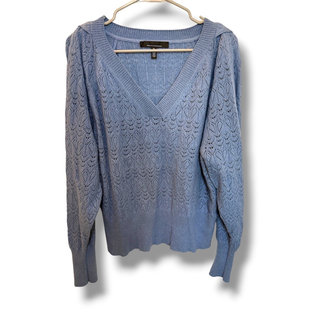 White House Black Market Sweater Womens XL Blue Pointelle V-Neck Knit Pullover